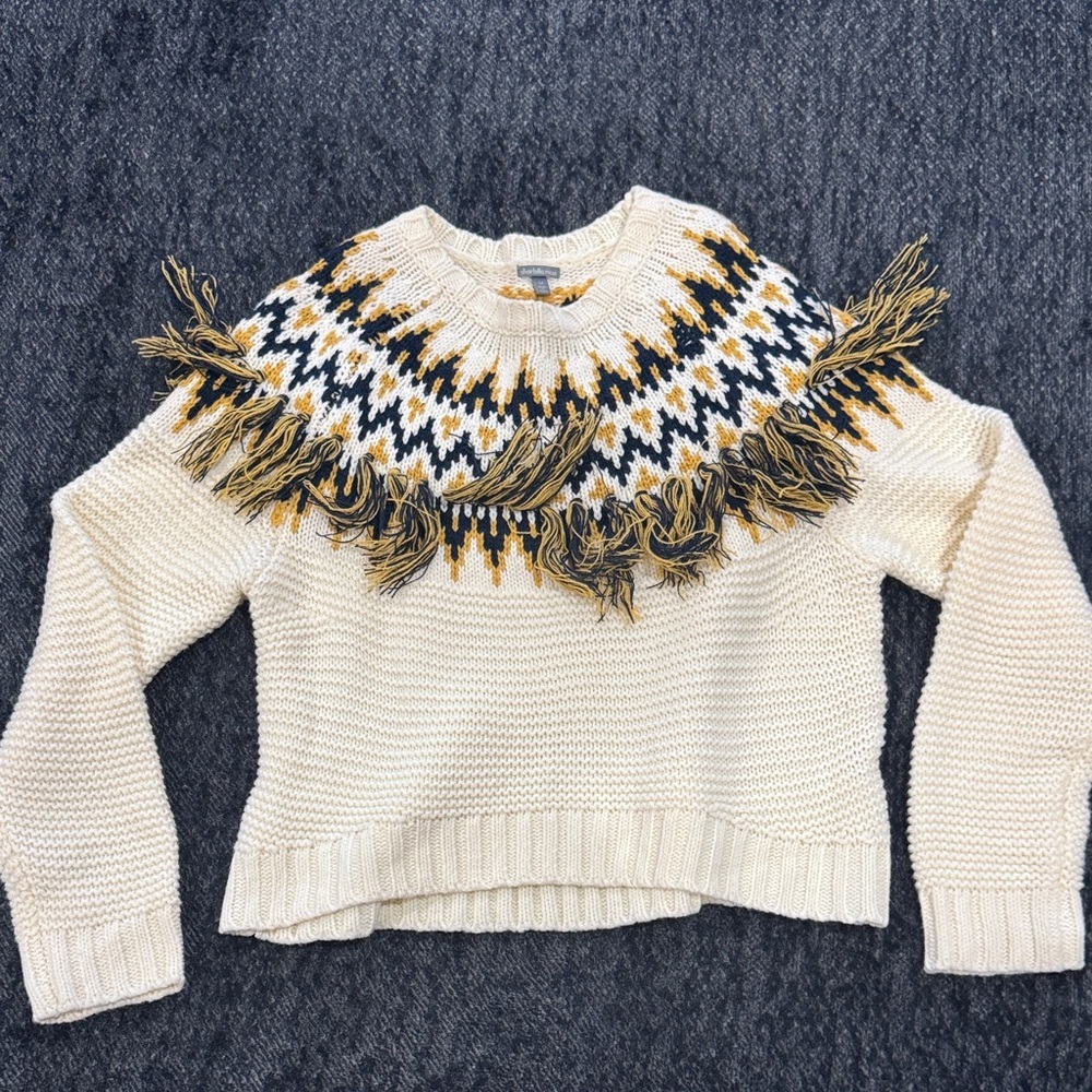 Charlotte Russe Cream Sweater with Fringe and Pattern